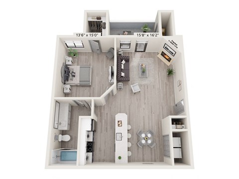 Floor plan for 1 bed, 1 bath, 695 sqft